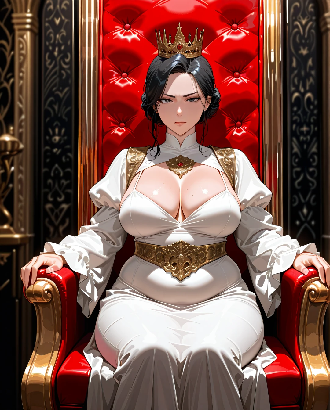 1girl, a queen, bun hair, middle parted hair, black hair, wearing a crown, noble dress, in the throne room, surrounded by the male servants, best quality, highly detailed, medieval. (mature_female), (plump), (serious), (inconvenient_breasts)