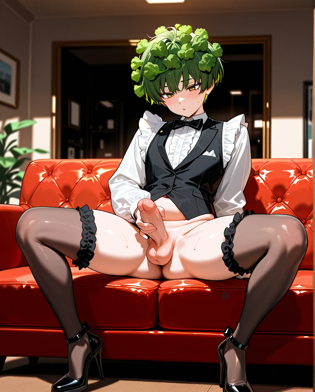 (futanari) (reverse_trap) (flat_chest) (plump), Broccoli haircut, black gile waistcoat, white frilled long sleeve shirt, black bowtie, bottomless, frilled stockings, chunky heels, (futanari_masturbation), sitting on a sofa, office, (spread_legs)