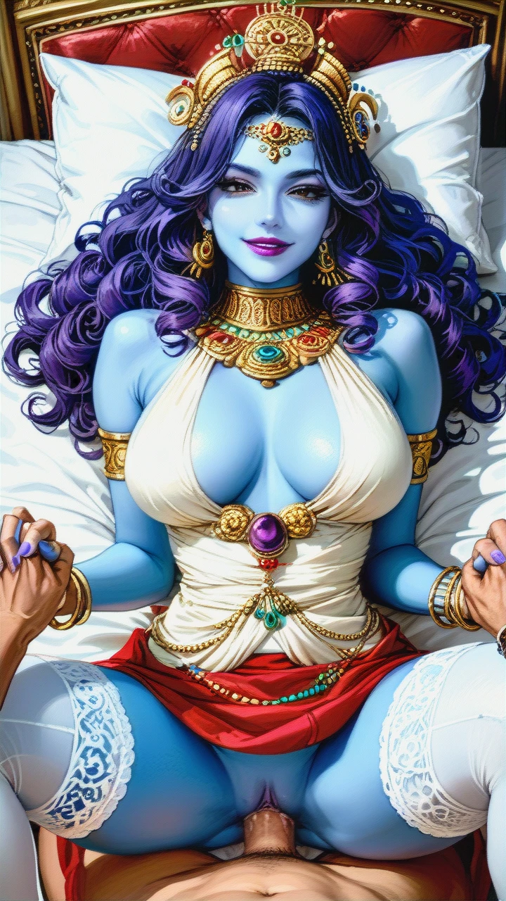 Indian, hindu, Goddess, Cute, beautiful black eyes, crown, ornaments, nude, blue skin, kind, smile, (curvy), white stockings, big perky boobs, long purple curly hair, looking at viewer, (legs_apart), hair bangs, earings, thicc thighs, purple (lipstick), bracelets, virgin, (on_back), (lying) on bed, missionary sex with viewer, red (skirt_lift), (naughty_face), (close-up), panty aside crotch, ornaments, jwellery, (parted_lips), holding viewers hands, (smirk), (naughty_face), (tongue), slit dress,