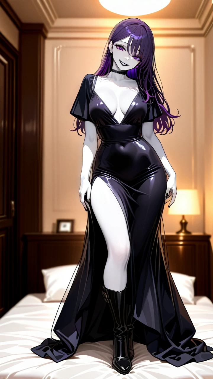 Take the photo so that their entire body is visible in the image, from head to toe.  1girl The girl have long black _ purple hair and purple eyes. She have a skinny and sexy body. She have white skin.  She is a vampire.  She have a black Women's evening dress. She is in bed room She have black nails She have black lips.  She has high boots that reach above her knees.   (hand_on_own_face) (head_tilt) (grin) (shy) (medium_breasts) (standing)