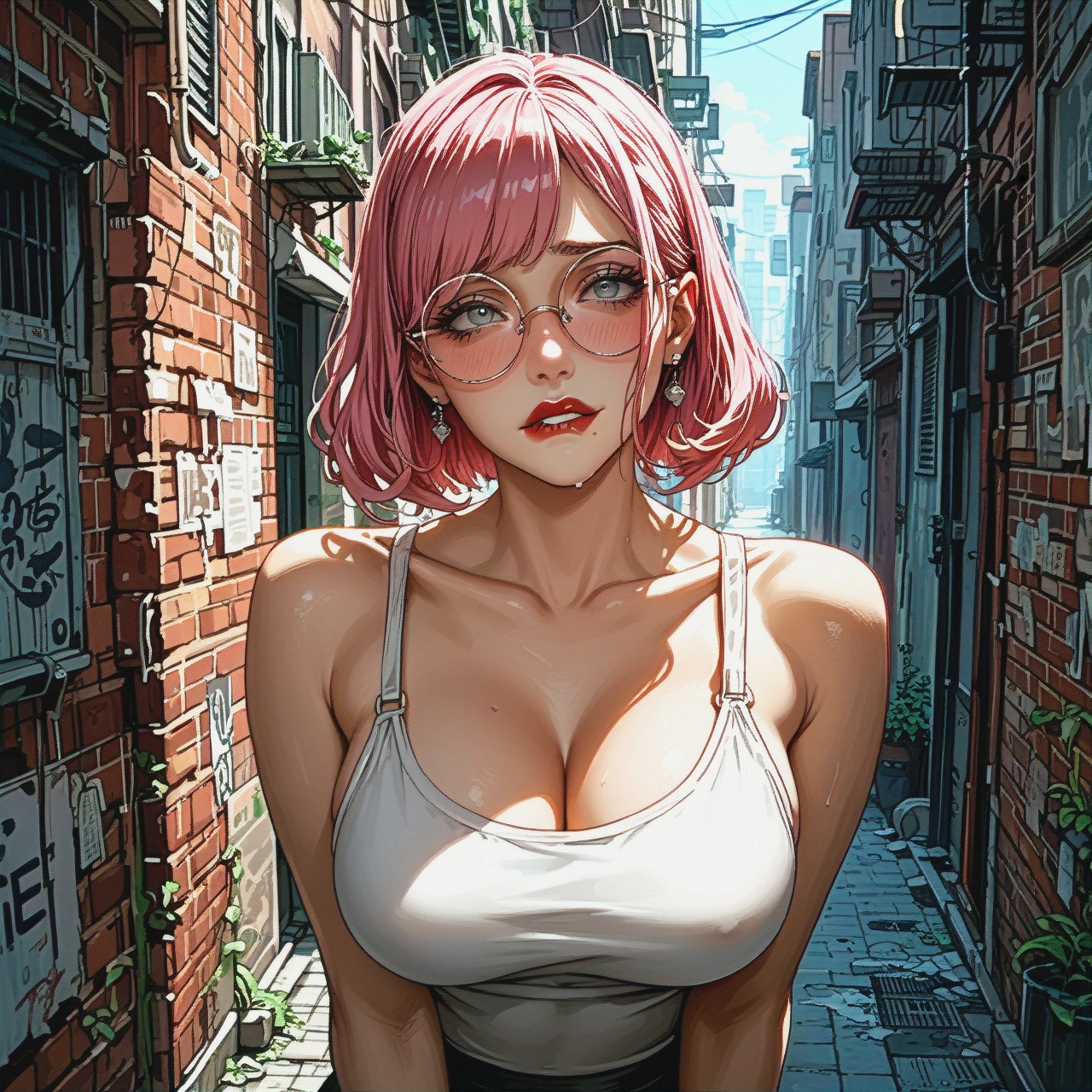 girl with cute face, straight long pink hair, red lipstick, round eyeglasses, big breasts, teen, skinny body, grey eyes, clothin from the anime, (street alley), (alleyway), (biting lip), (shy), (grabbing_from_behind)