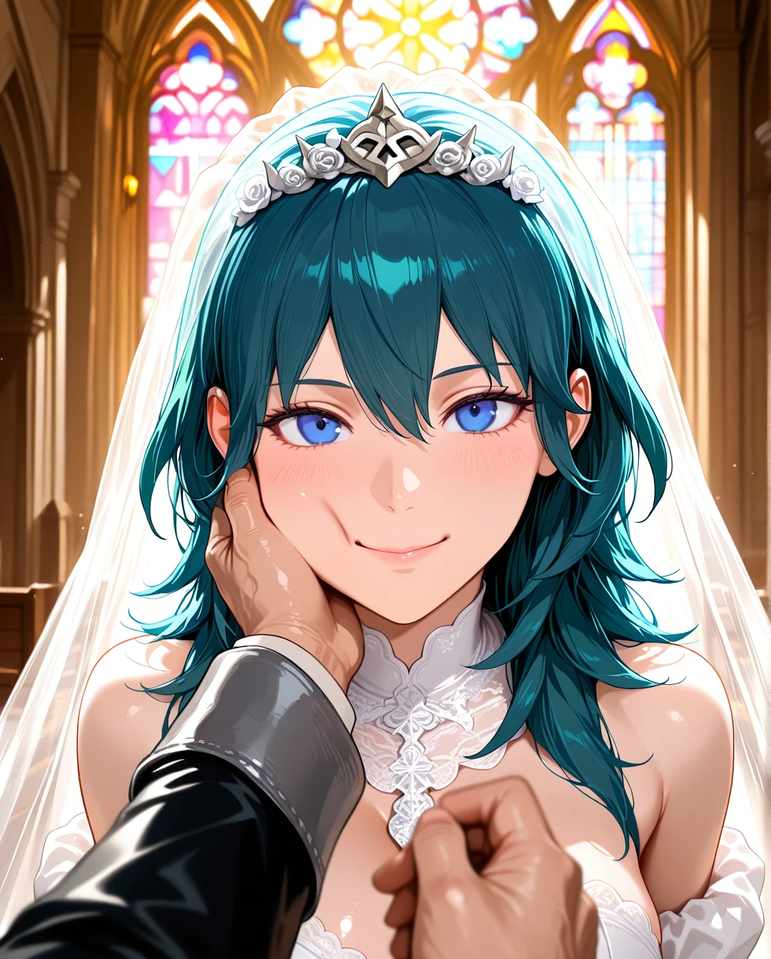 @byleth, 1boy, 1girl, blue eyes, smile, wedding dress, standing, church, pov, ((man's hand on a girl's cheek)),