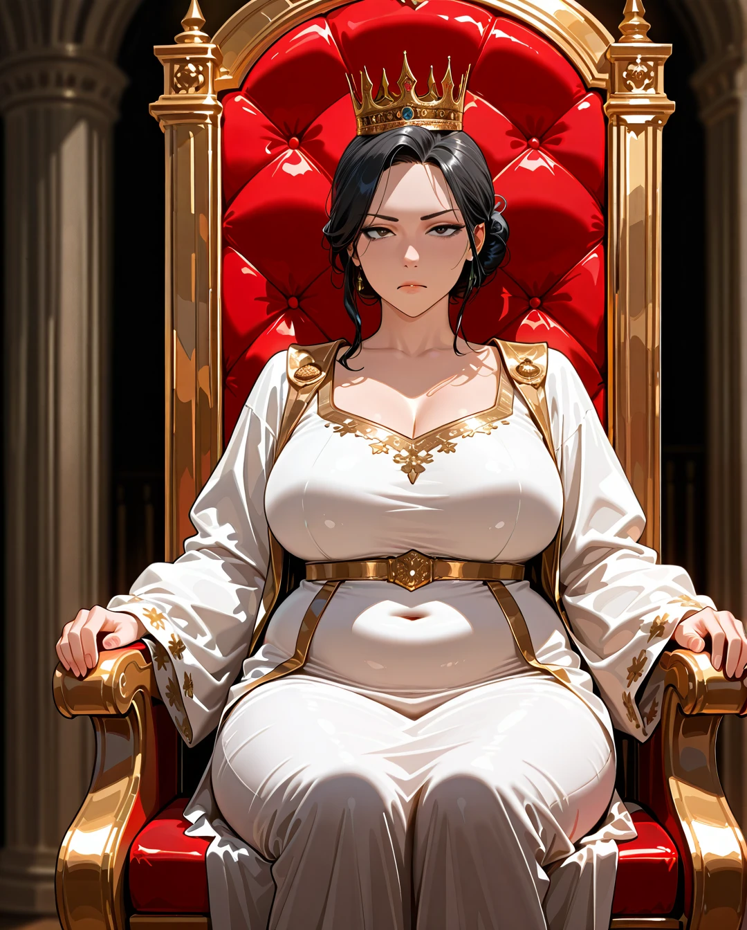 1girl, a queen, bun hair, middle parted hair, black hair, wearing a crown, a gold and white dress, in the throne room, the male servants, best quality, highly detailed, medieval. (mature_female), (plump), (serious), (convenient_arm)