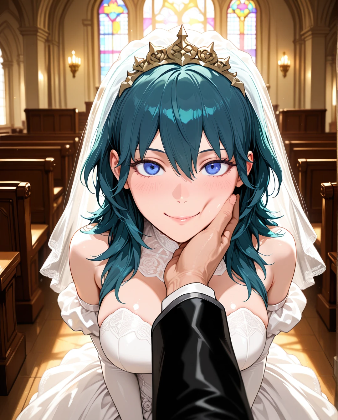 @byleth, 1boy, 1girl, blue eyes, smile, wedding dress, standing, church, pov, man's hand on a girl's cheek,