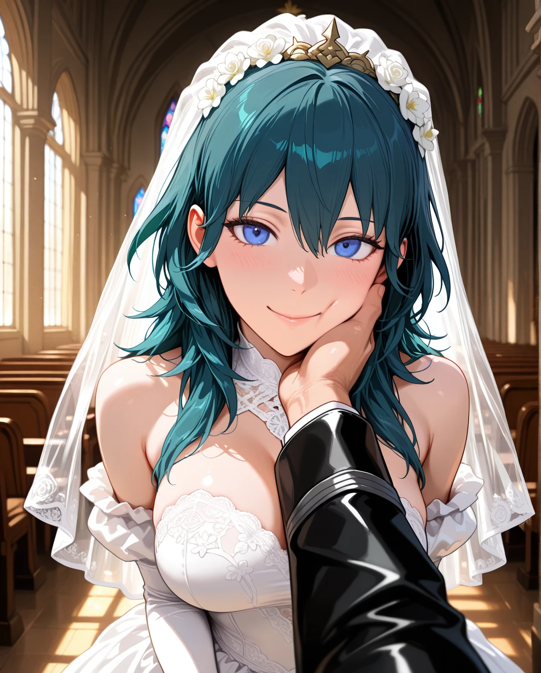 @byleth, 1boy, 1girl, blue eyes, smile, wedding dress, standing, church, pov, (man's hand on a girl's cheek),