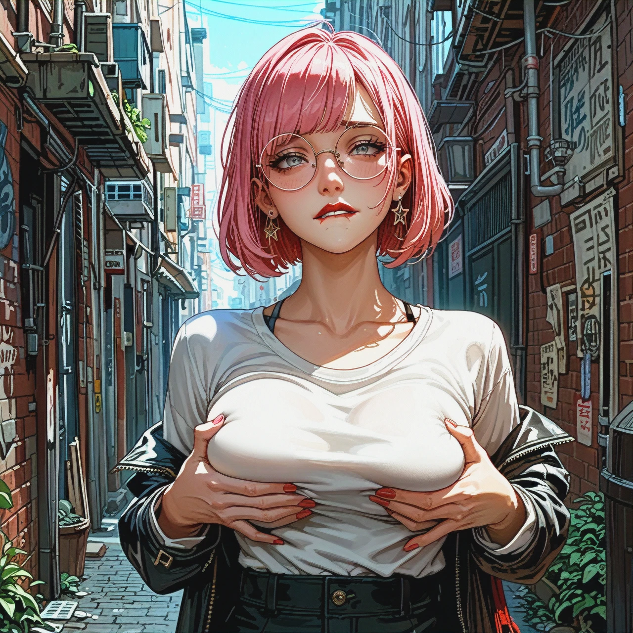 girl with cute face, straight long pink hair, red lipstick, round eyeglasses, big breasts, teen, skinny body, grey eyes, clothin from the anime, (Anime), (street alley), (alleyway), (biting lip), (shy) (guided_breast_grab), the guy holds out a bill with money