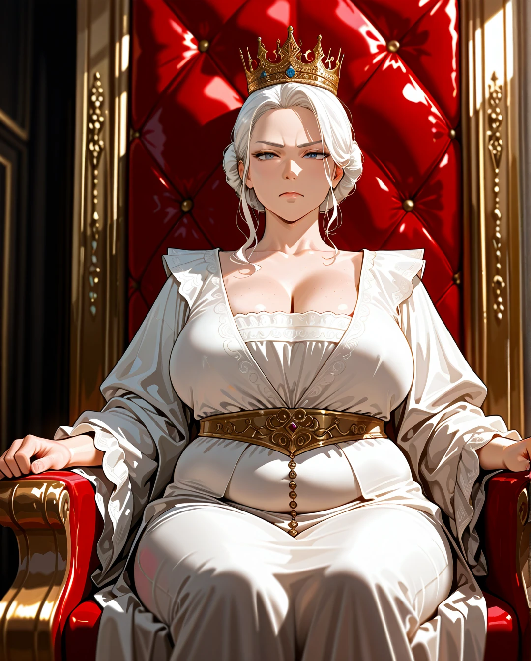 1girl, a queen, an old granny, wrinkles, bun hair, middle parted hair, white hair, wearing a crown, noble dress, in the throne room, surrounded by the male servants, best quality, highly detailed, medieval. (mature_female), (plump), (serious)