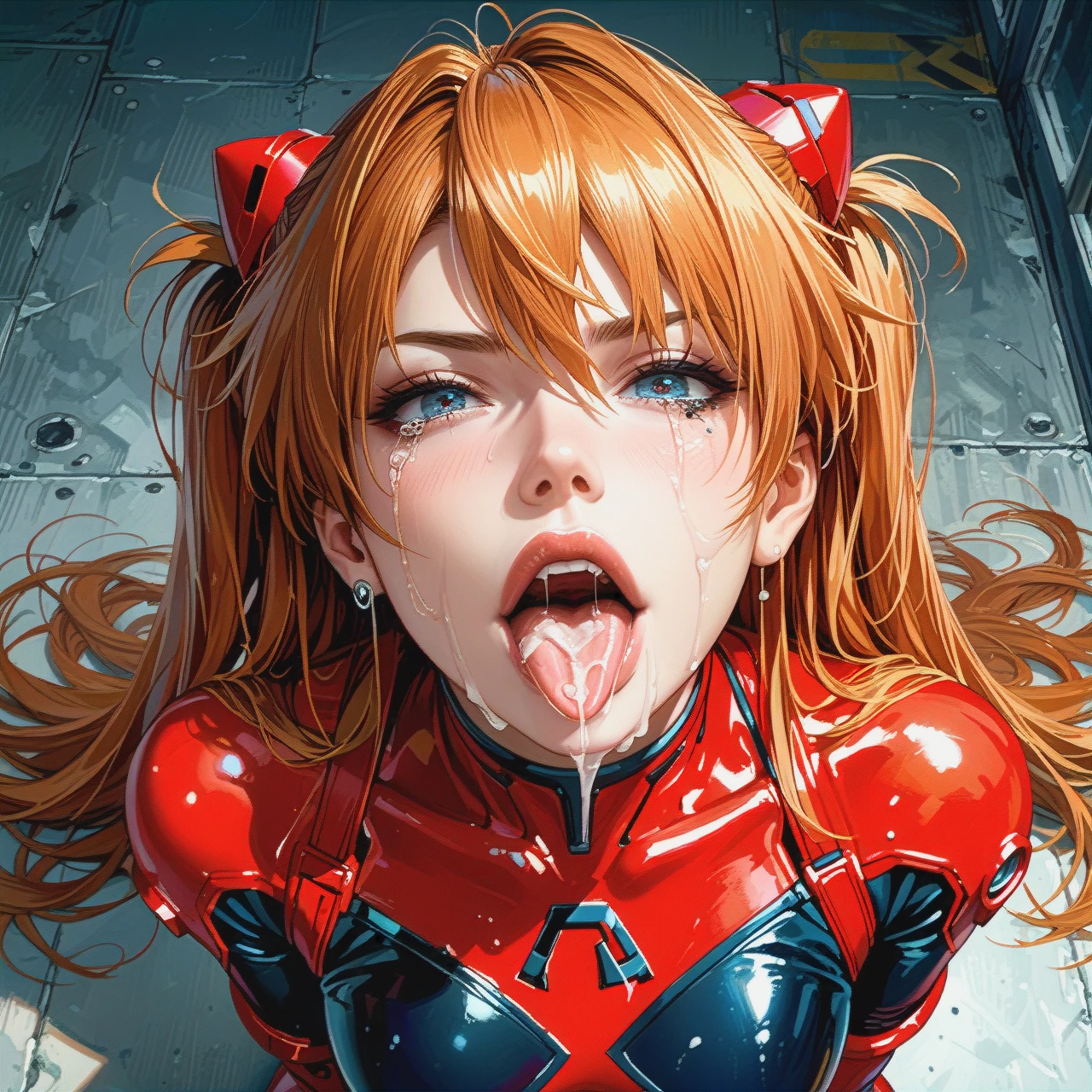 Asuka langley crying makeup cum on tongue abused  clothes plug suit  from above large (long_tongue)