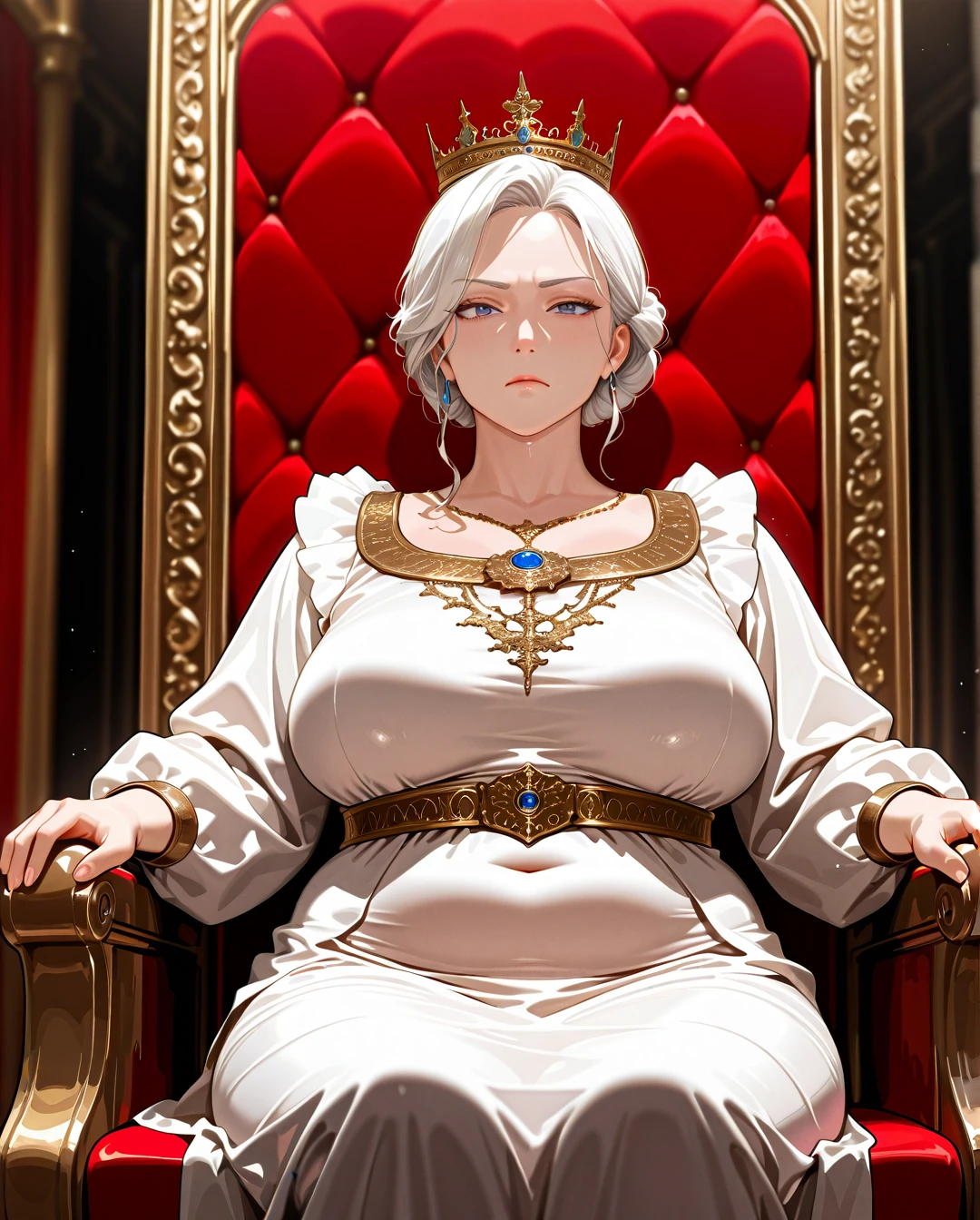 1girl, a queen, an old granny, bun hair, middle parted hair, white hair, wearing a crown, noble dress, in the throne room, surrounded by the male servants, best quality, highly detailed, medieval. (mature_female), (plump), (serious)