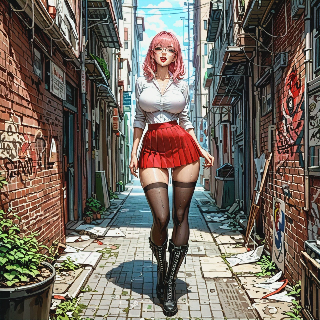 girl with cute face, straight long pink hair, red lipstick, round eyeglasses, big breasts, teen, skinny body, grey eyes, narrow waist, wide hips, abs, white shirt, red school microskirt, suspender, high long boots, black thigh highs, no panties, spit string drooling from mouth, pussy wet, string grool from pussy, slut, horny, seductive, alley