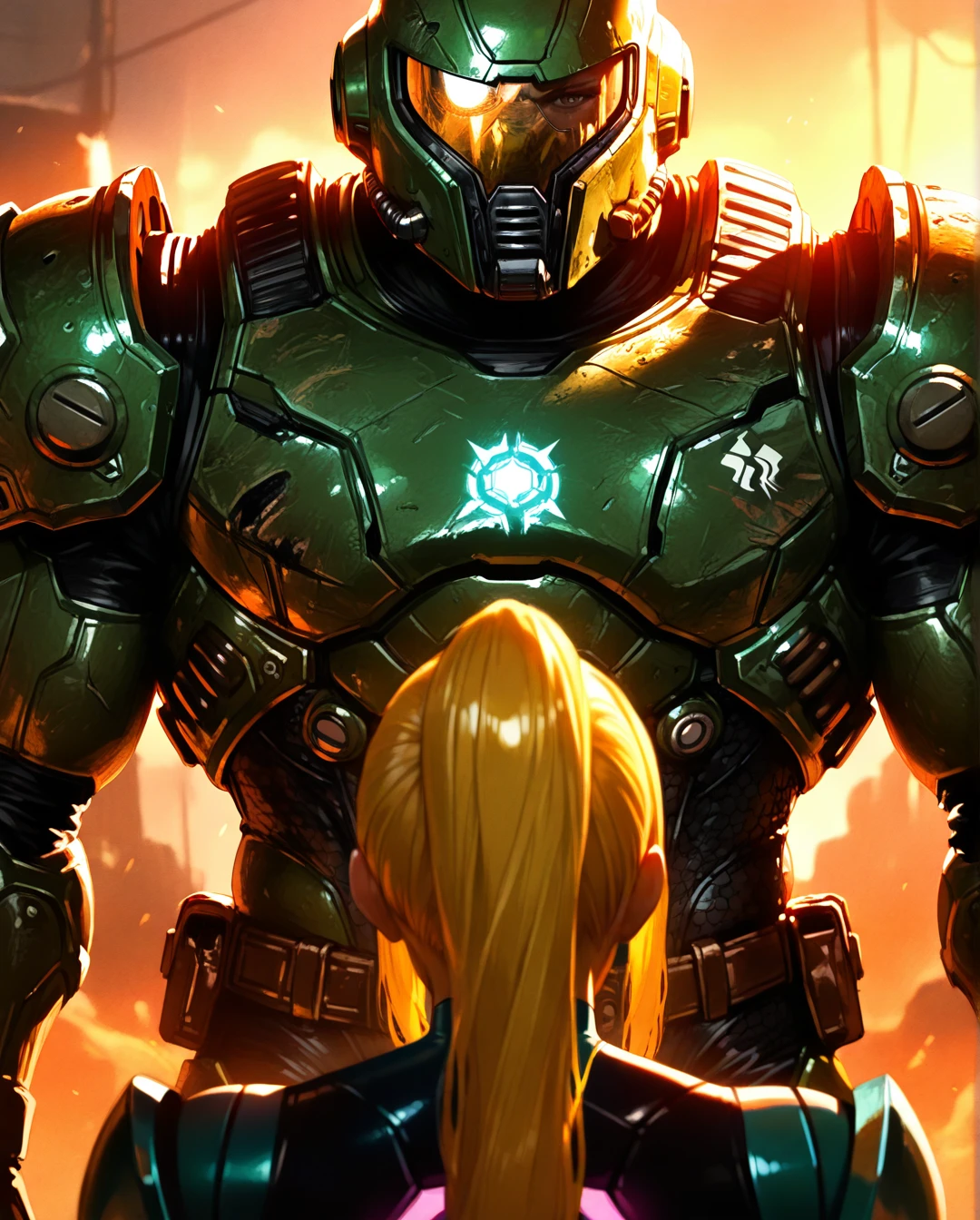 doomguy, samus aran, stand next to each other, 1boy, 1girl, front view,