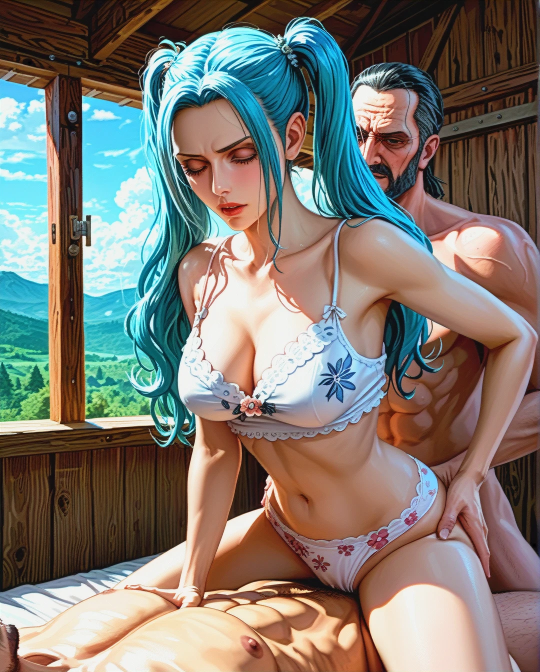 @nefertari_vivi, mature, attack on Titan,sex grabbing grabbed ass with oldman, cabin outdoor  mountain,Face chest focus,High Real Realistic Realistic Realistic Realistic Realistic 4K ,twintails, medium breast,crop top white camisole pink floral, panties