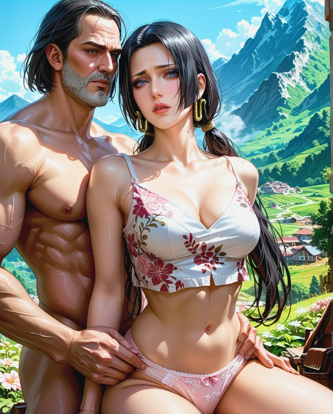 Boa Hancock, mature, attack on Titan,sex grabbing grabbed ass with oldman, outdoor  mountain,Face chest focus,High Real Realistic Realistic,twintails, medium breast,crop top white camisole pink floral, panties