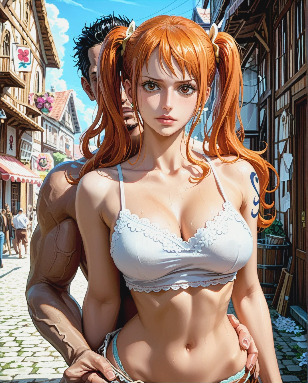 @nami, mature, attack on Titan,sex grabbing grabbed ass with oldman, village mountain,Face chest focus,High Real Realistic Realistic,twintails, medium breast,crop top white camisole pink floral, panties