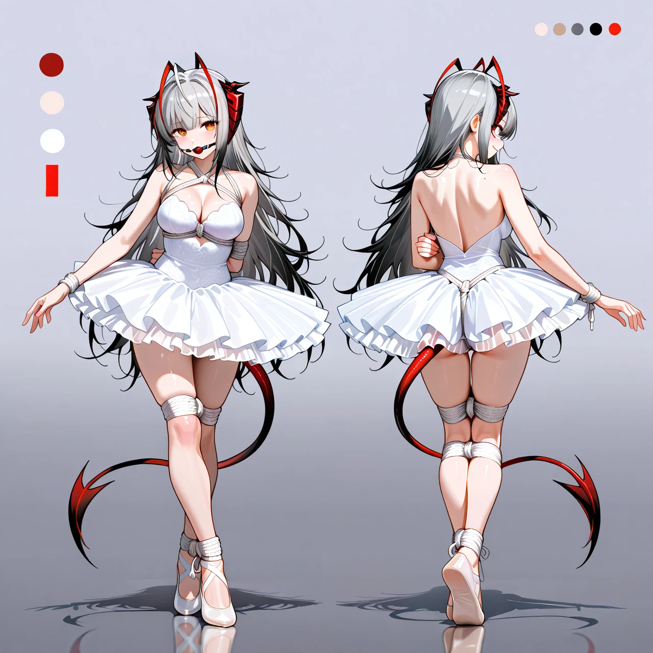 1girl, alternate costume, alternate hair length, alternate hairstyle, antennae, arm up, backless dress, backless outfit, ballerina, ballet, ballet slippers, bare back, bare shoulders, black hair, breasts, cleavage, closed mouth, color guide, demon girl, demon horns, demon tail, dress, from behind, full body, grey background, grey hair, hair ornament, horns, long hair, looking at viewer, looking back, multicolored hair, multiple views, red hair, smile, strapless, strapless dress, tail, tutu, two-tone hair, upper body, very long hair, w \(arknights\), white background, white dress, white footwear bound legs, bondage, bound, bound ankles, bound arms, bound legs, rope pattern on chest, white rope, (bondage), (shibari), full body, ball gag, gagged, gag, salive, full body