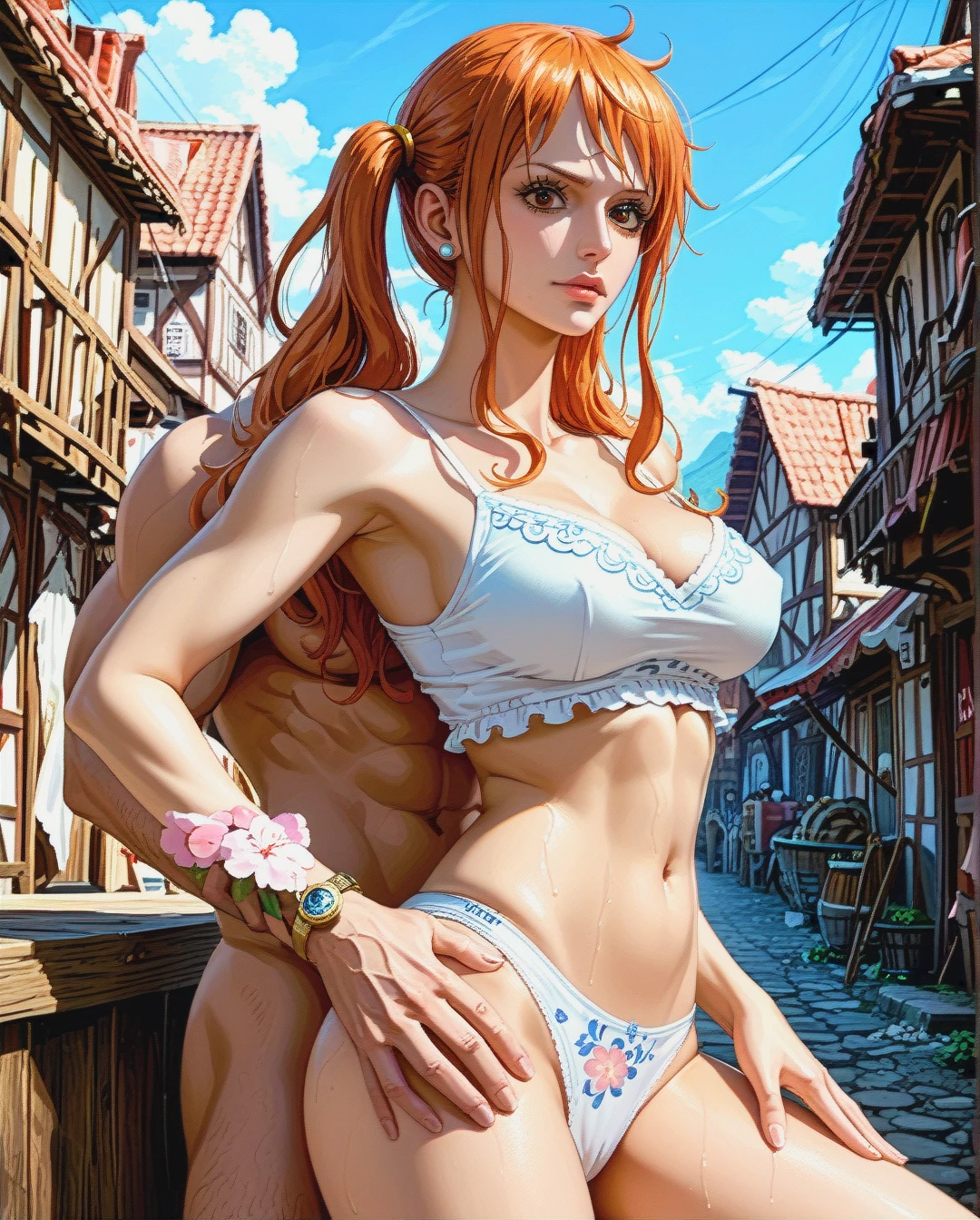 @nami, mature, attack on Titan,sex grabbing grabbed ass with fatman, village mountain,Face chest focus,High Real Realistic Realistic,twintails, medium breast,crop top white camisole pink floral, panties