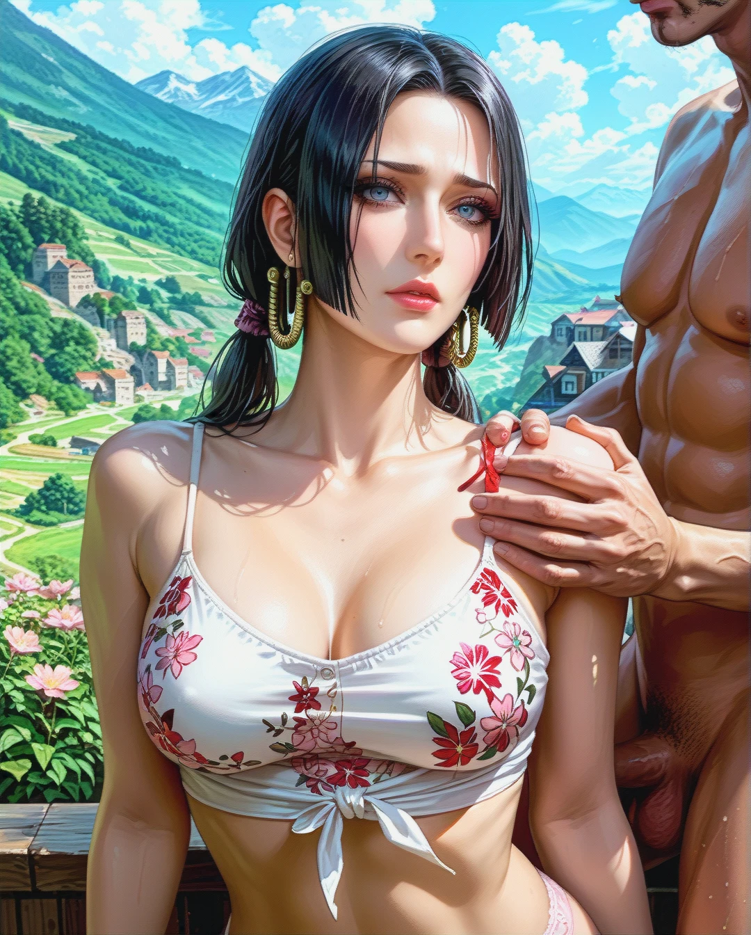 Boa Hancock, mature, attack on Titan,sex grabbing grabbed ass with oldman, outdoor  mountain,Face chest focus,High Real Realistic Realistic,twintails, medium breast,crop top white camisole pink floral, panties