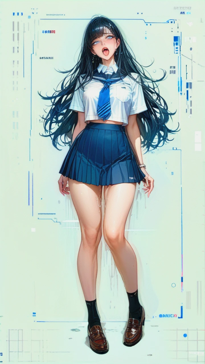 Skinny girl with huge ass, dark black hair, micro school uniform, straight long hair, blue eyes, ahegao, full body, arching back