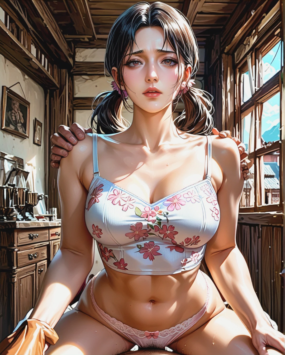 Lim Yoona, mature, attack on Titan,sex grabbing grabbed ass with Luffy, village mountain,Face chest focus,High Real Realistic Realistic,twintails, medium breast,crop top white camisole pink floral, panties