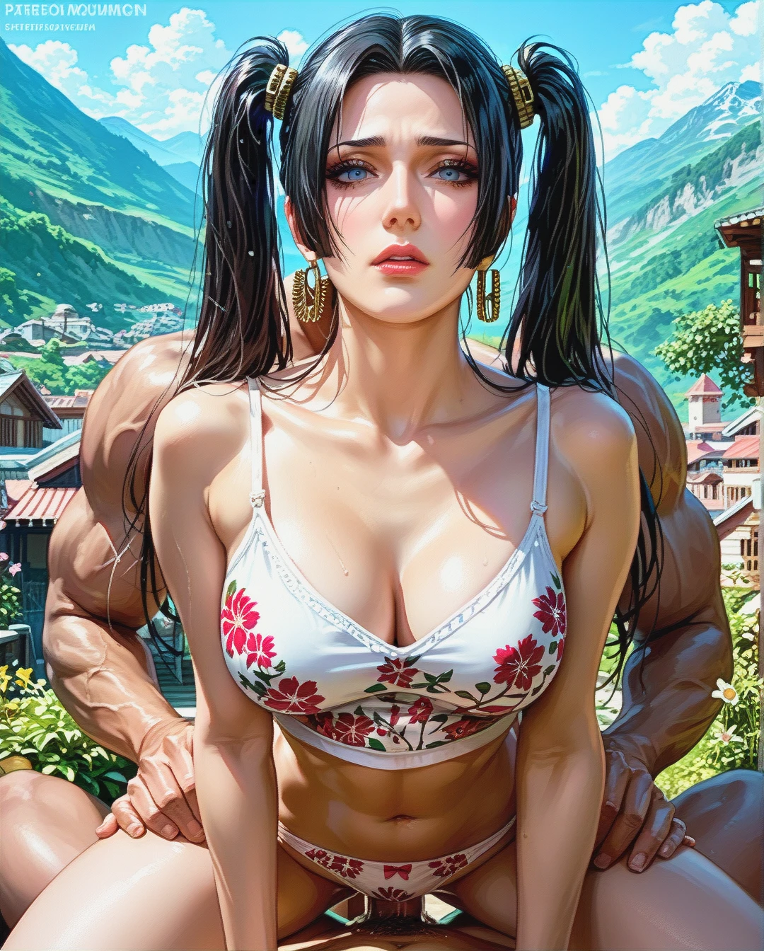 Boa Hancock, mature, attack on Titan,sex grabbing grabbed ass with oldman, outdoor  mountain,Face chest focus,High Real Realistic Realistic,twintails, medium breast,crop top white camisole pink floral, panties