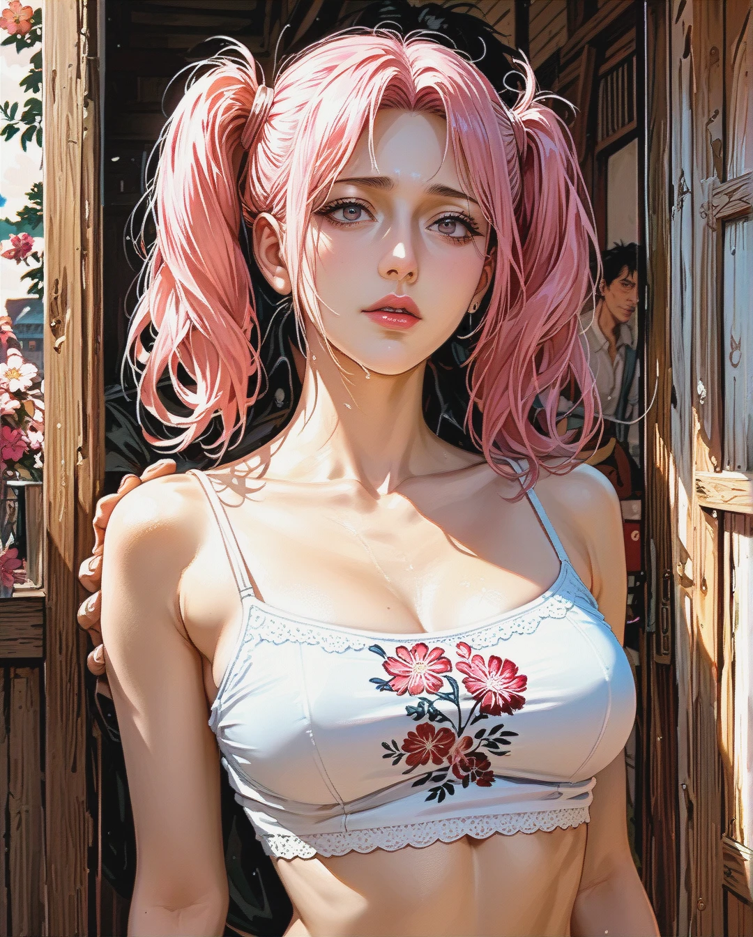 Lim Yoona, mature, attack on Titan,sex grabbing grabbed ass with Luffy, village mountain,Face chest focus,High Real Realistic Realistic,twintails, medium breast,crop top white camisole pink floral, panties