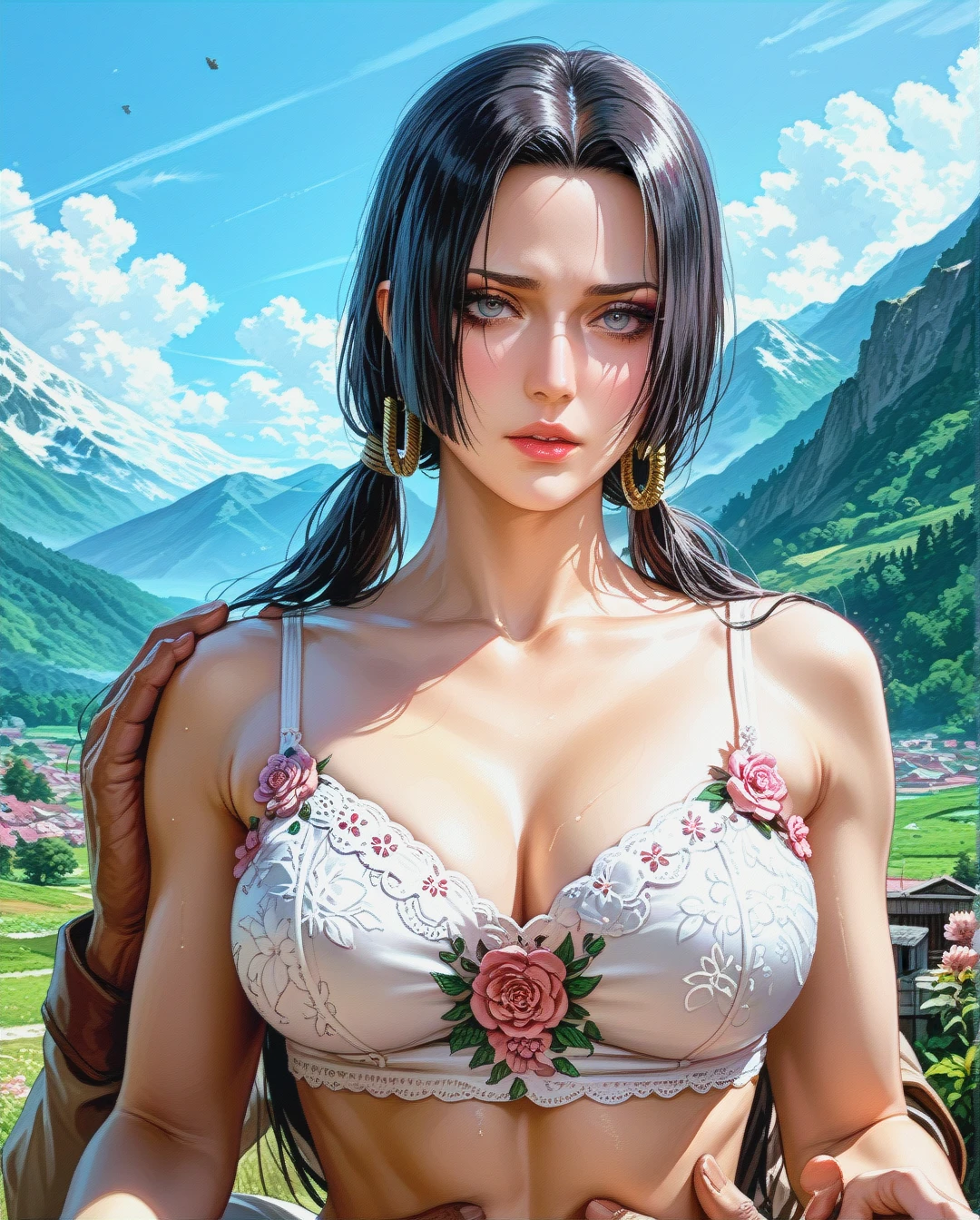 Boa Hancock, mature, attack on Titan,sex grabbing grabbed ass with oldman, outdoor  mountain,Face chest focus,High Real Realistic Realistic,twintails, medium breast,crop top white camisole pink floral, panties