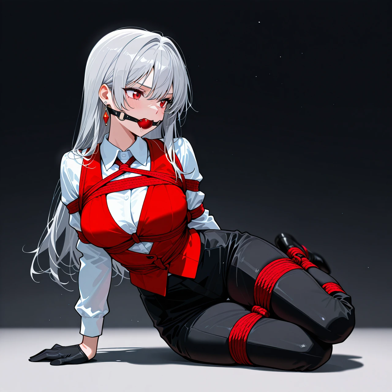 1girl, alternate costume, black gloves, black pants, breasts, closed mouth, collared shirt, earrings, gloves, grey background, grey hair, jewelry, long hair, long sleeves, looking to the side, pants, red eyes, red vest, shirt, single earring, solo, vest, white shirt, bound legs, bondage, gagged, gag, ball gag, bound, bound ankles, bound arms, bound legs, rope pattern on chest, red rope, (bondage), (shibari),