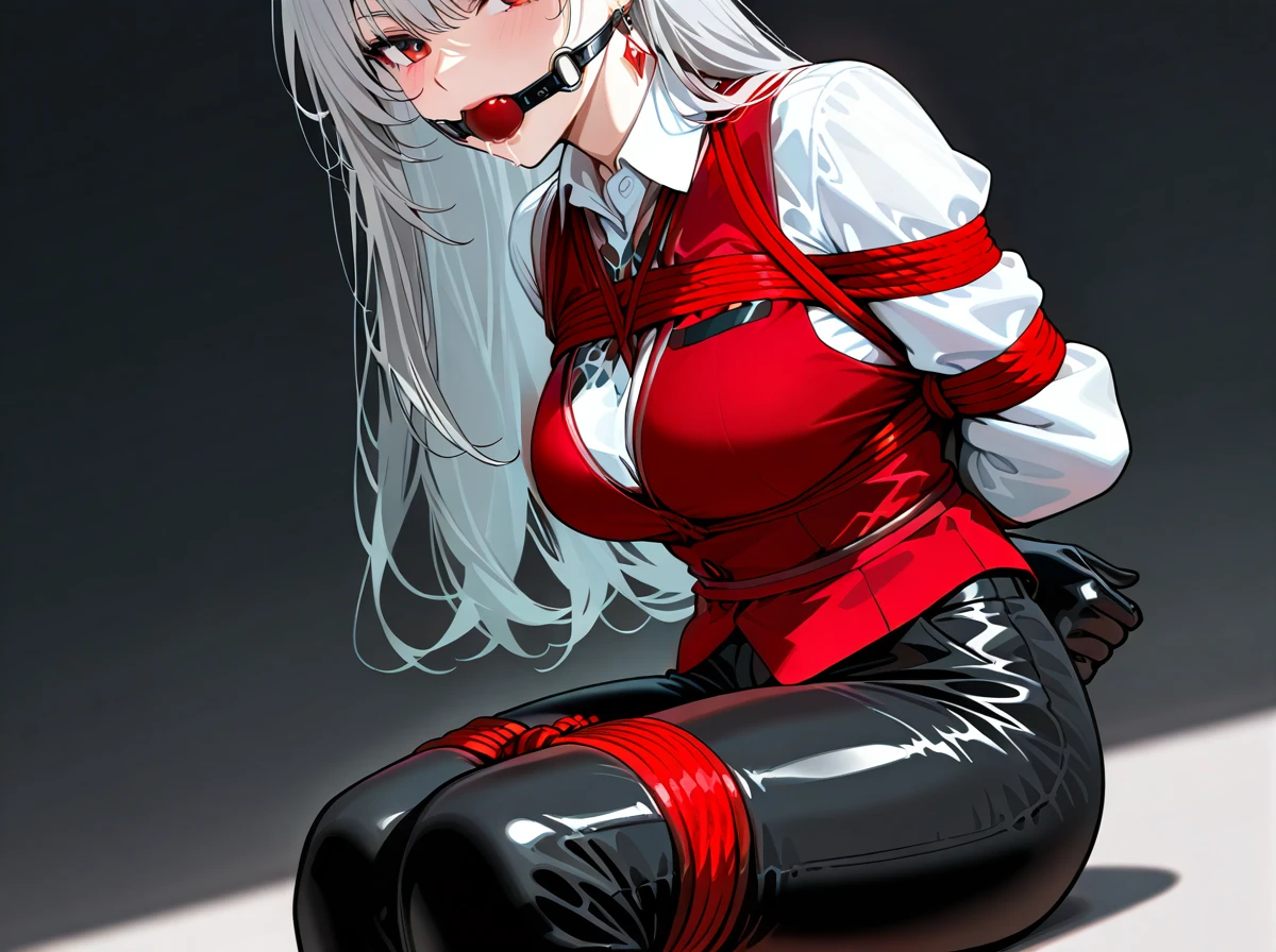 1girl, alternate costume, black gloves, black pants, breasts, closed mouth, collared shirt, earrings, gloves, grey background, grey hair, jewelry, long hair, long sleeves, looking to the side, pants, red eyes, red vest, shirt, single earring, solo, vest, white shirt, bound legs, bondage, gagged, gag, ball gag, bound, bound ankles, bound arms, bound legs, rope pattern on chest, red rope, (bondage), (shibari),