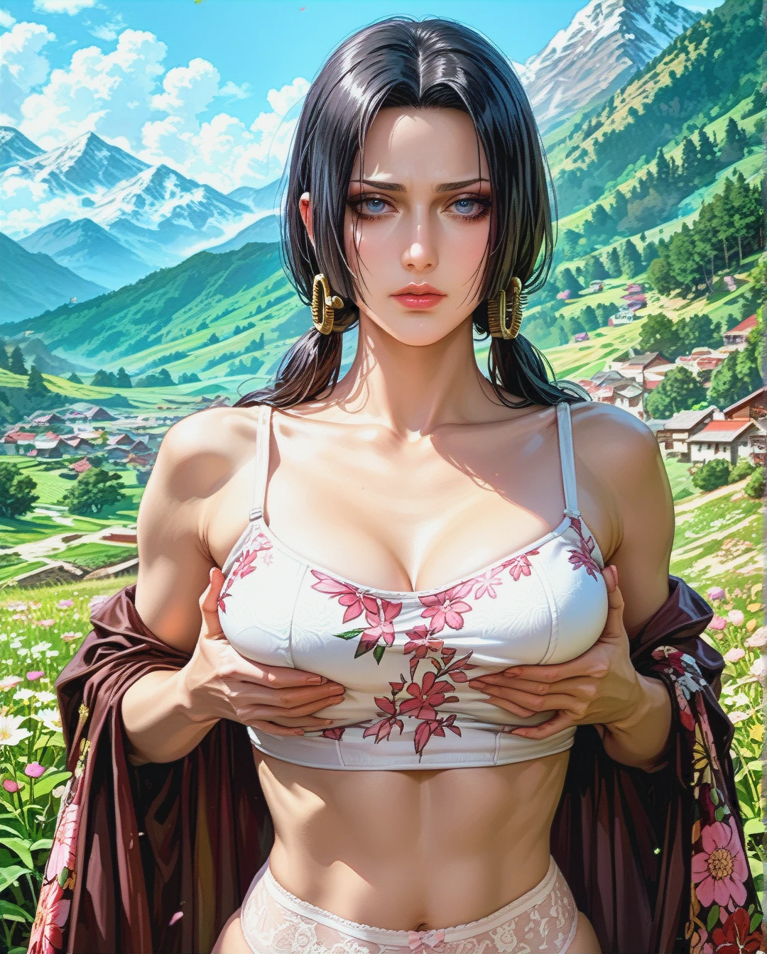 Boa Hancock, mature, attack on Titan, grabbing grabbed breast with oldman, outdoor  mountain,Face chest focus,High Real Realistic Realistic,twintails, medium breast,crop top white camisole pink floral, panties