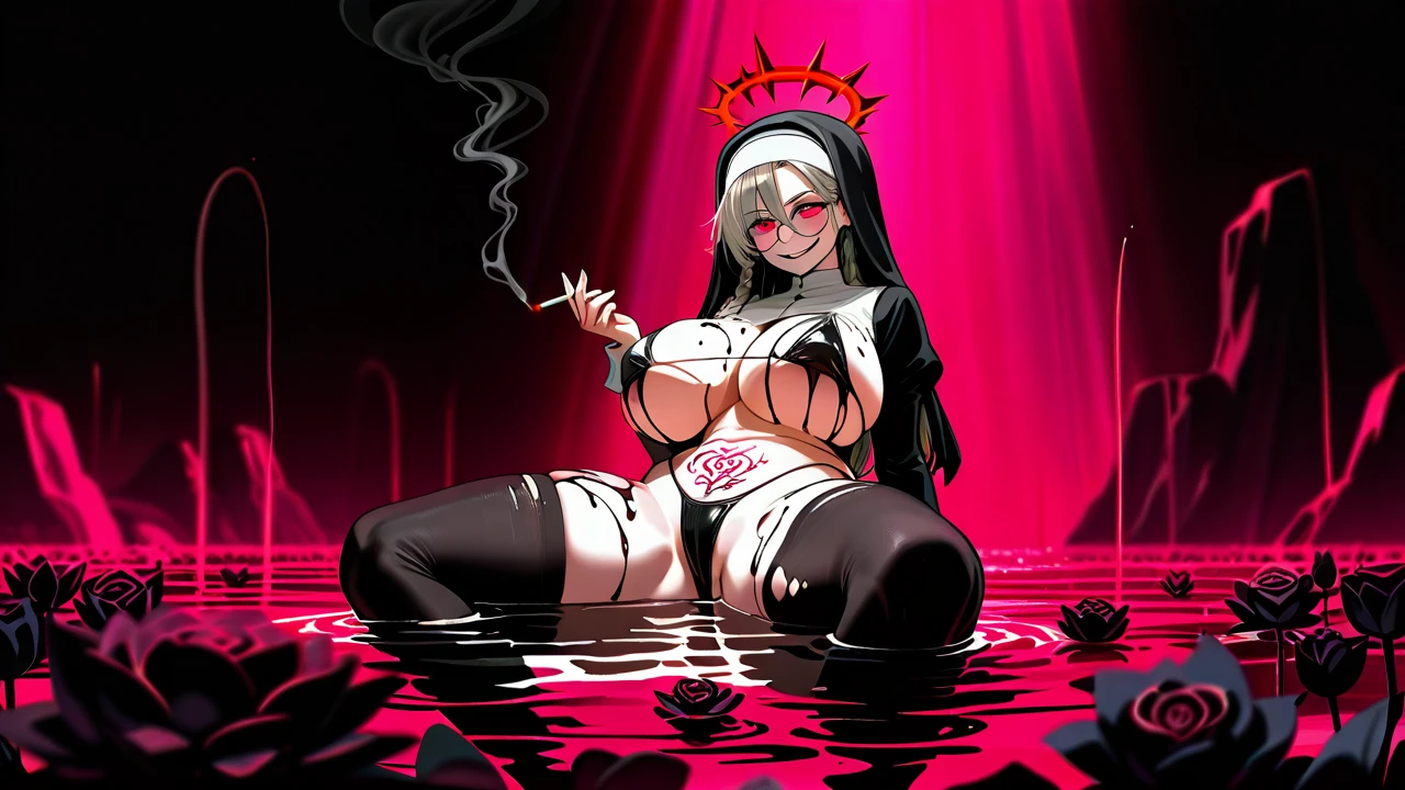 Depraved young nun in tattoos, smoking a cigarette in the dark under the glow of pink neon rays of light, The whole body is covered in oil, mini bikini, gothic style, super huge hips, mega huge chest, Sitting in the lotus position,Depraved young nun in tattoos, smoking a cigarette in the dark under the glow of pink neon rays of light, The whole body is covered in oil, mini bikini, gothic style, Huge hanging rib cage, Torn stockings, lying in the water, (((view from the top))), Round rose-colored glasses, evil smile , Red neon halo over the mountain, Her hair is braided