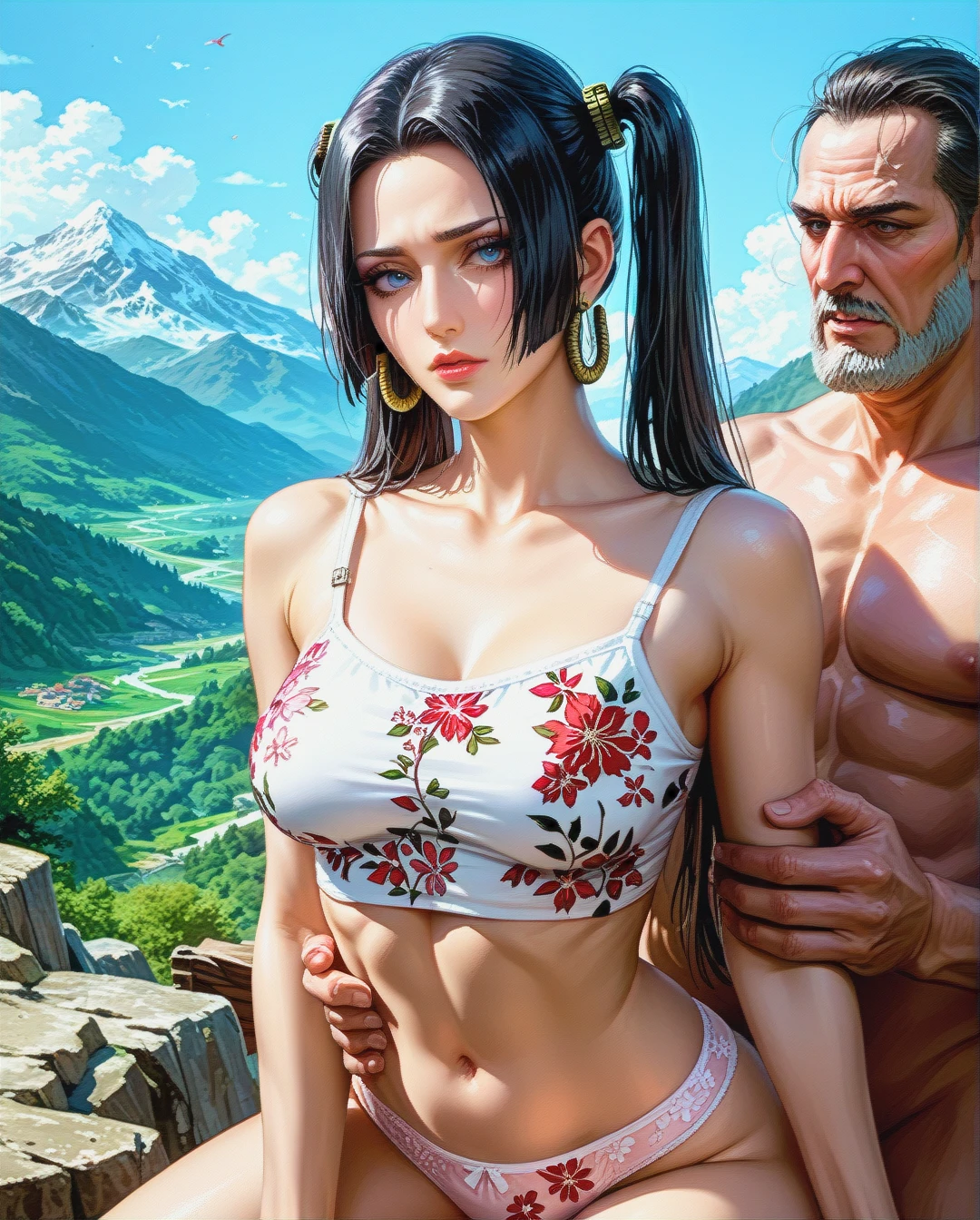 Boa Hancock, mature, attack on Titan,sex grabbing grabbed ass with oldman, outdoor  mountain,Face chest focus,High Real Realistic Realistic,twintails, medium breast,crop top white camisole pink floral, panties