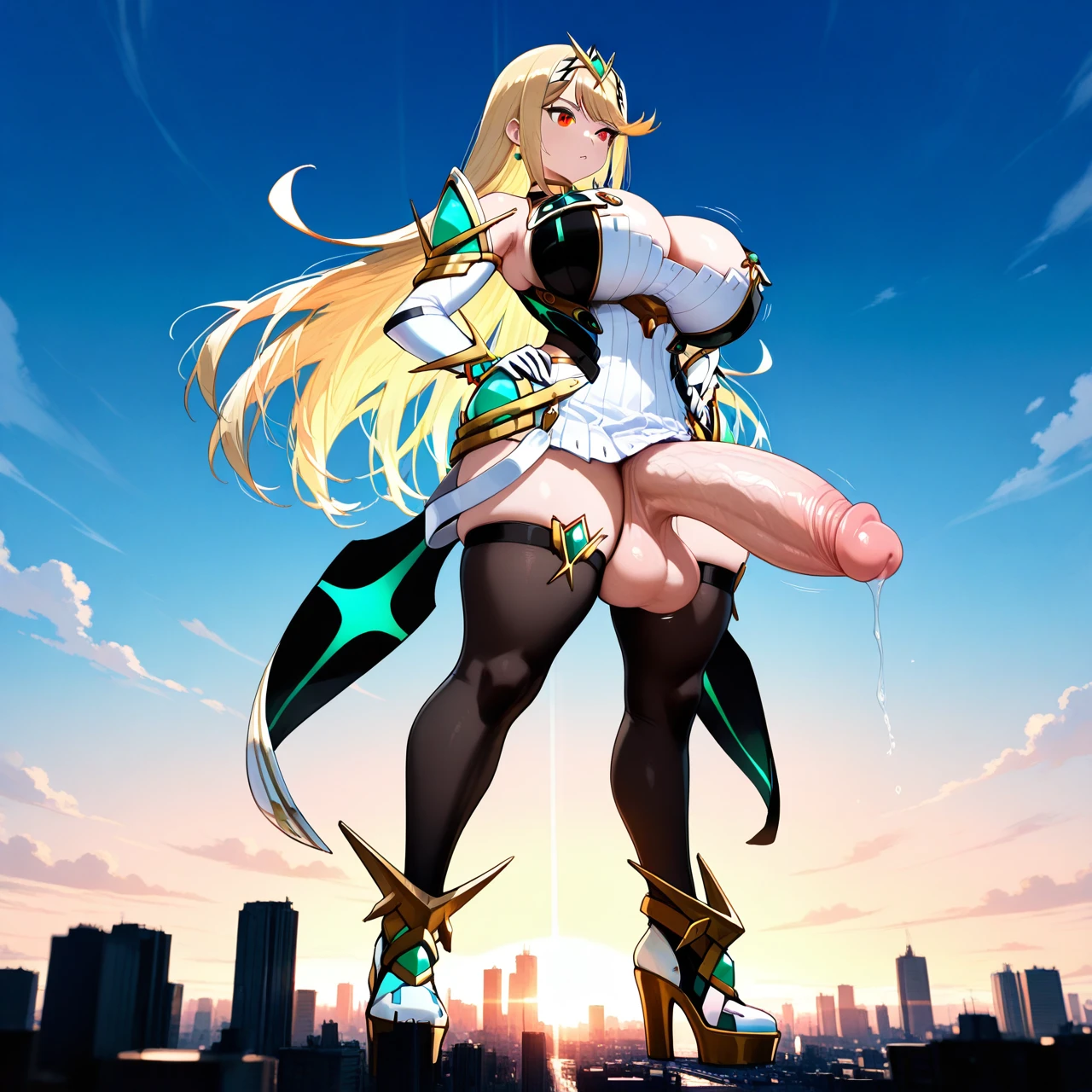 @mythra, (giant), high platform heels,high  socks, gigantic breats,city,futanari,breast expansion, big penis,, thick thighs,