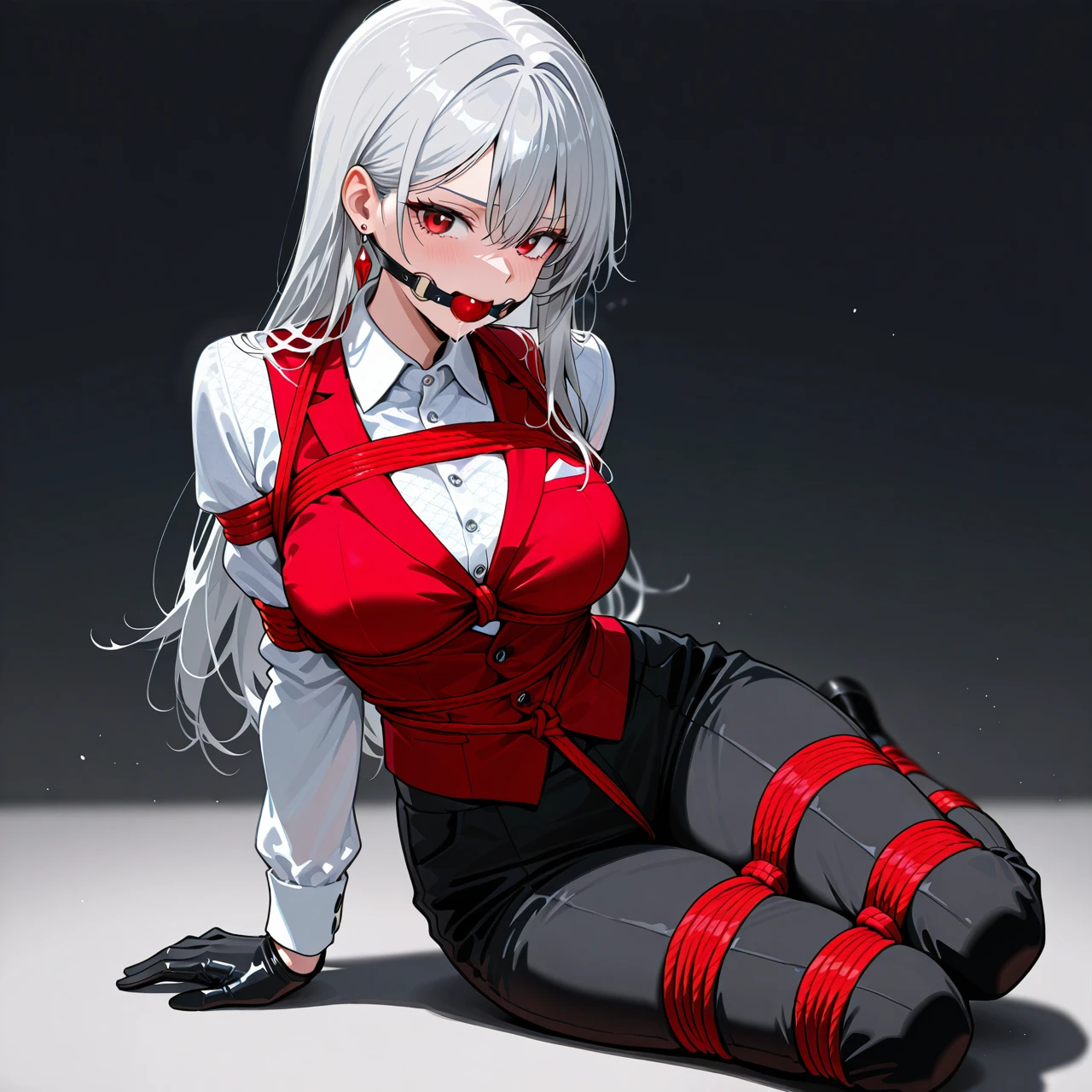 1girl, alternate costume, black gloves, black pants, breasts, closed mouth, collared shirt, earrings, gloves, grey background, grey hair, jewelry, long hair, long sleeves, looking to the side, pants, red eyes, red vest, shirt, single earring, solo, vest, white shirt, bound legs, bondage, gagged, gag, ball gag, bound, bound ankles, bound arms, bound legs, rope pattern on chest, red rope, (bondage), (shibari),