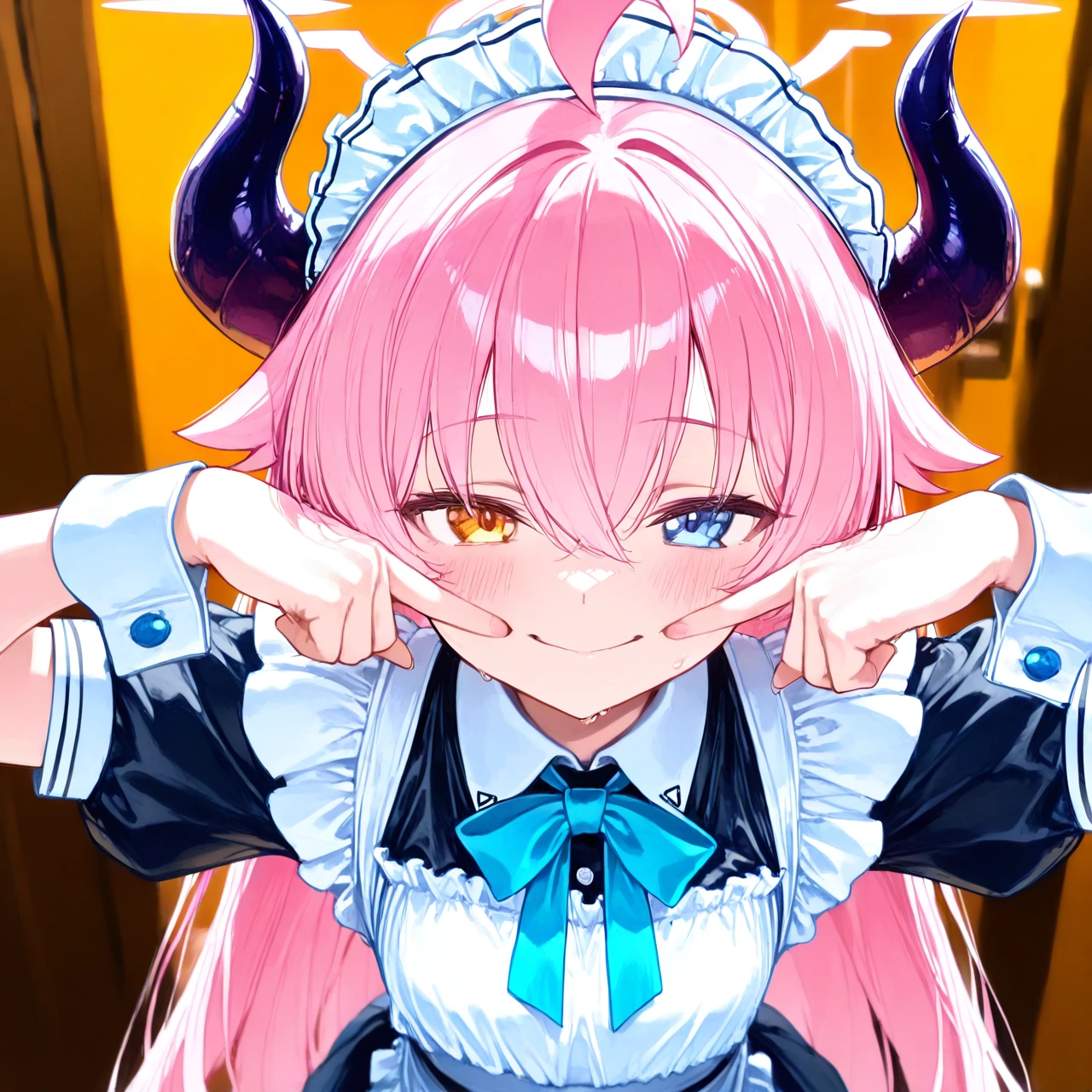 @hoshino, maid costume ,  (horns_pose) (fingersmile)