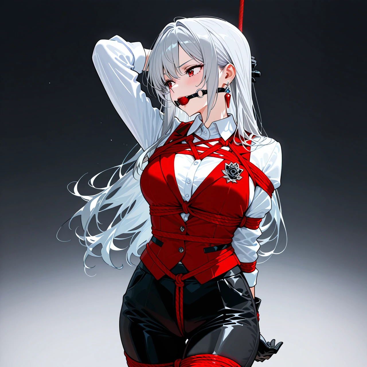 1girl, alternate costume, arm behind head, black gloves, black pants, breasts, closed mouth, collared shirt, earrings, gloves, grey background, grey hair, jewelry, long hair, long sleeves, looking to the side, pants, red eyes, red vest, shirt, single earring, solo, vest, white shirt, bound legs, bondage, gagged, gag, ball gag, bound, bound ankles, bound arms, bound legs, rope pattern on chest, red rope, (bondage), (shibari),