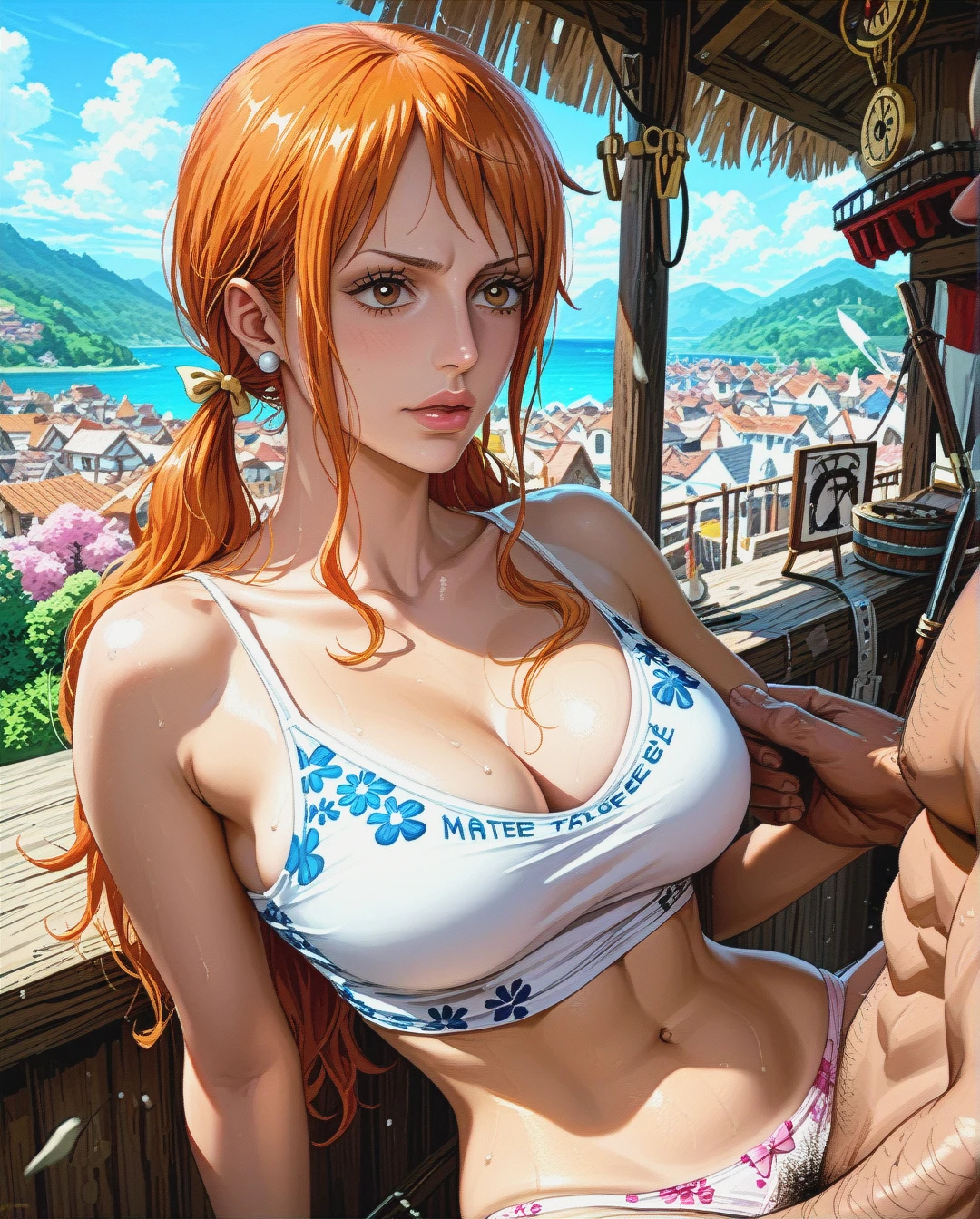 @nami, mature, attack on Titan,sex grabbing grabbed ass with fatman, village mountain,Face chest focus,High Real Realistic Realistic,twintails, medium breast,crop top white camisole pink floral, panties