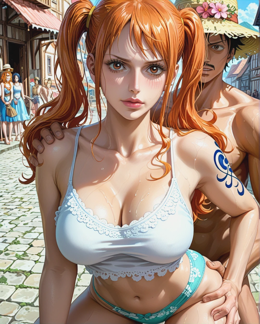 @nami, mature, attack on Titan,sex grabbing grabbed ass with Luffy, village mountain,Face chest focus,High Real Realistic Realistic,twintails, medium breast,crop top white camisole pink floral, panties