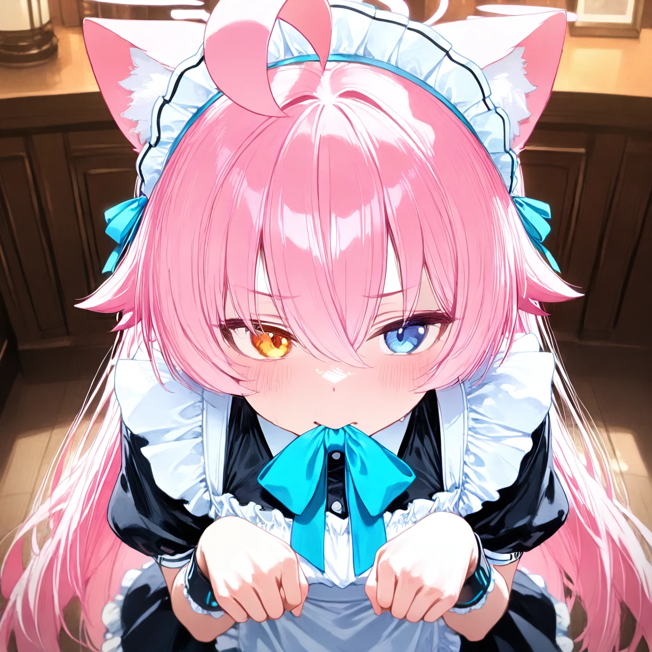 @hoshino, maid costume ,    (paw_pose) (mouth_hold)