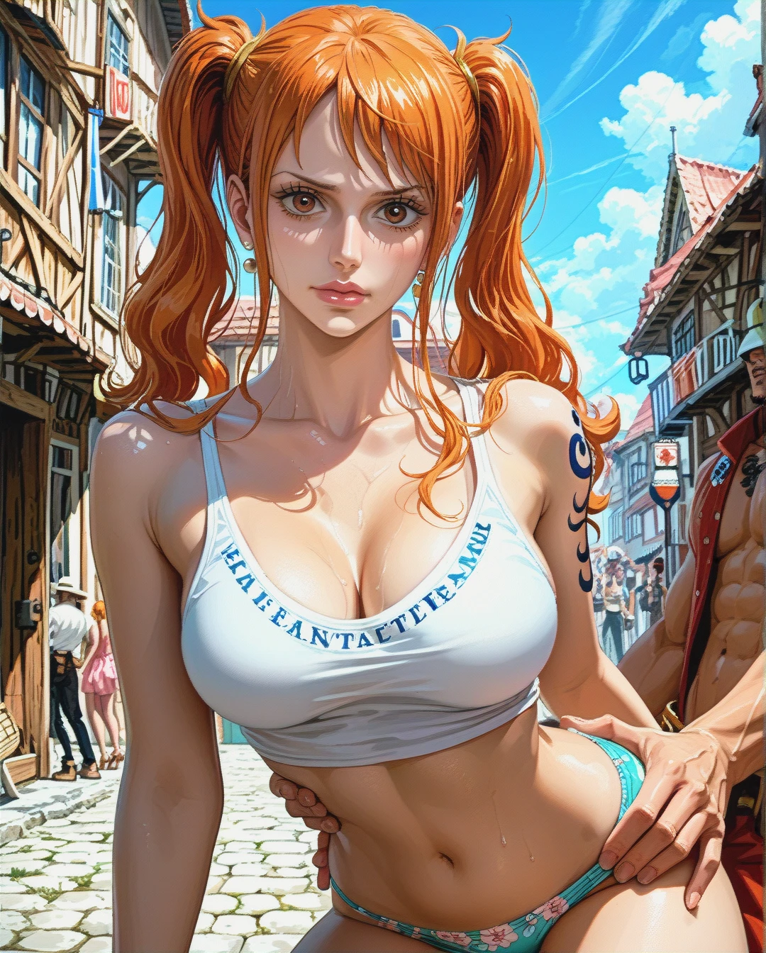 @nami, mature, attack on Titan,sex grabbing grabbed ass with Luffy, village mountain,Face chest focus,High Real Realistic Realistic,twintails, medium breast,crop top white camisole pink floral, panties