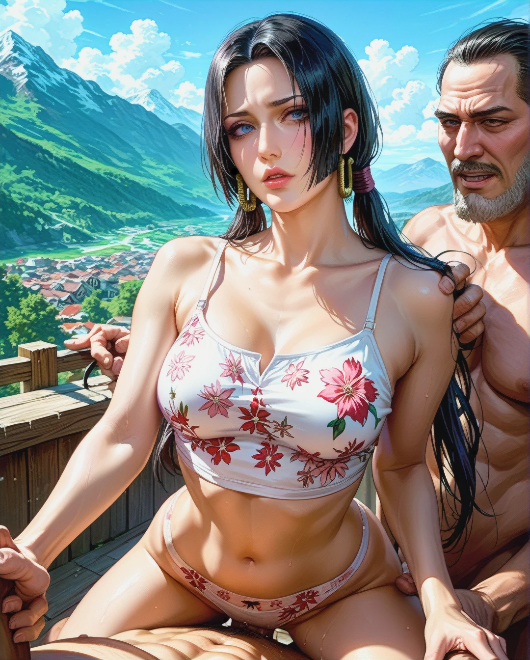 Boa Hancock, mature, attack on Titan,sex grabbing grabbed ass with oldman, outdoor  mountain,Face chest focus,High Real Realistic Realistic,twintails, medium breast,crop top white camisole pink floral, panties