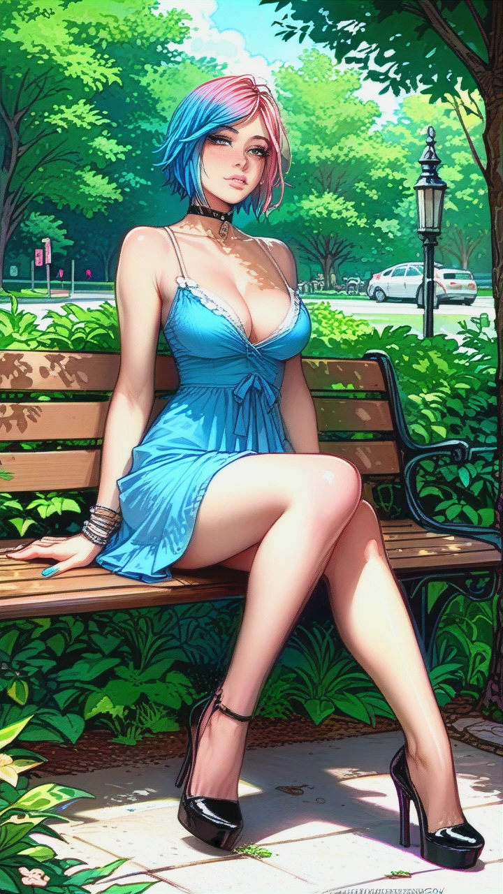 Chloe Price, busty, cleavage, blue sundress, legs, heels, sitting, in park, choker,