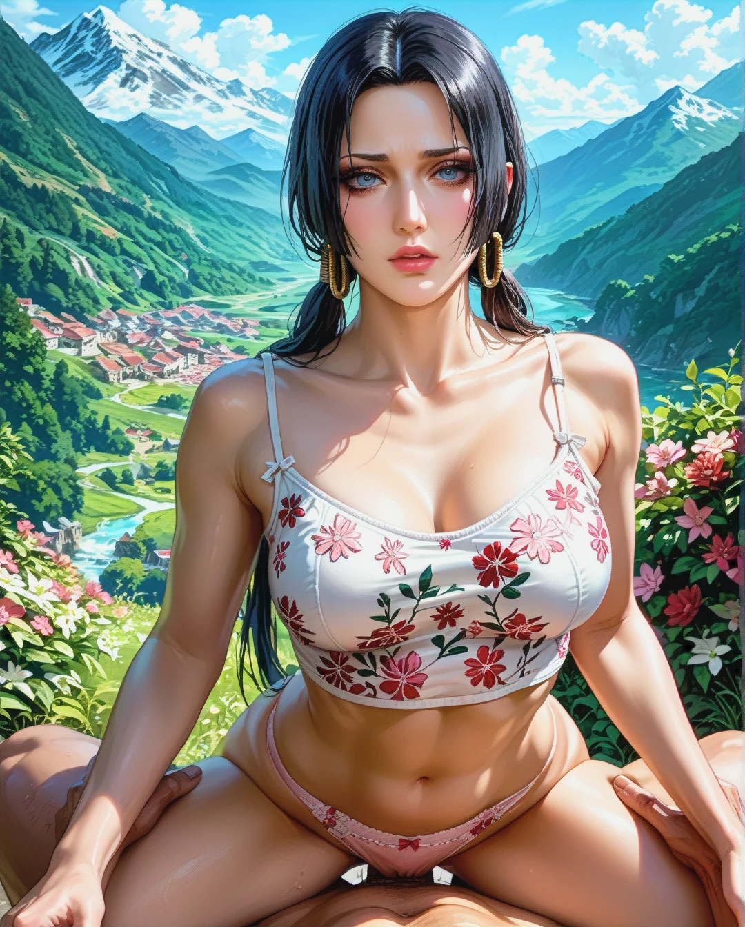 Boa Hancock, mature, attack on Titan,sex grabbing grabbed ass with oldman, outdoor  mountain,Face chest focus,High Real Realistic Realistic,twintails, medium breast,crop top white camisole pink floral, panties