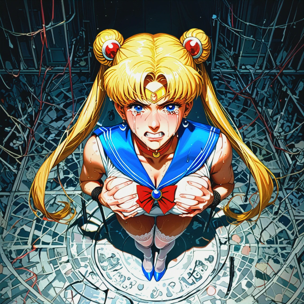 @sailor_moon , naked, bound hands raised up, clenched her teeth, closed her eyes, crying, sweaty body, white lace stockings, blue high heels, male stands in front of her, (breast_grab), many men are standing around and watching the dungeon.