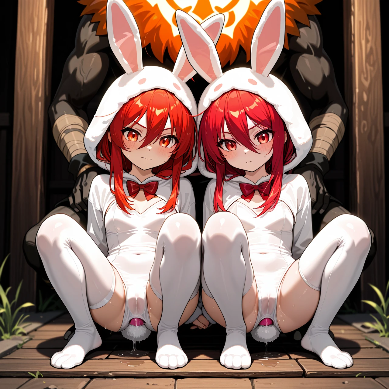 @shana, @hilichurl, (red_eyes), red hair, foot, rabbit costume, (prostitution) (double_anal) (triple_penetration)