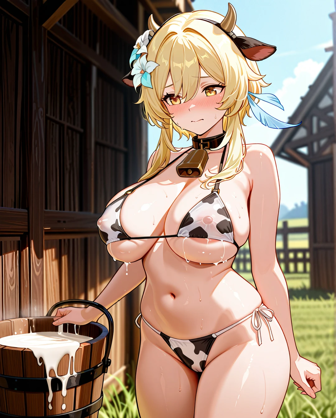 @lumine, Huge boobs, cow Underwear, Embarrassed face, (covered_nipples), Cow ears, farm background, milk from her boobs Flows into the bucket on  ground, In the next frame, a man is standing and drinking her milk.