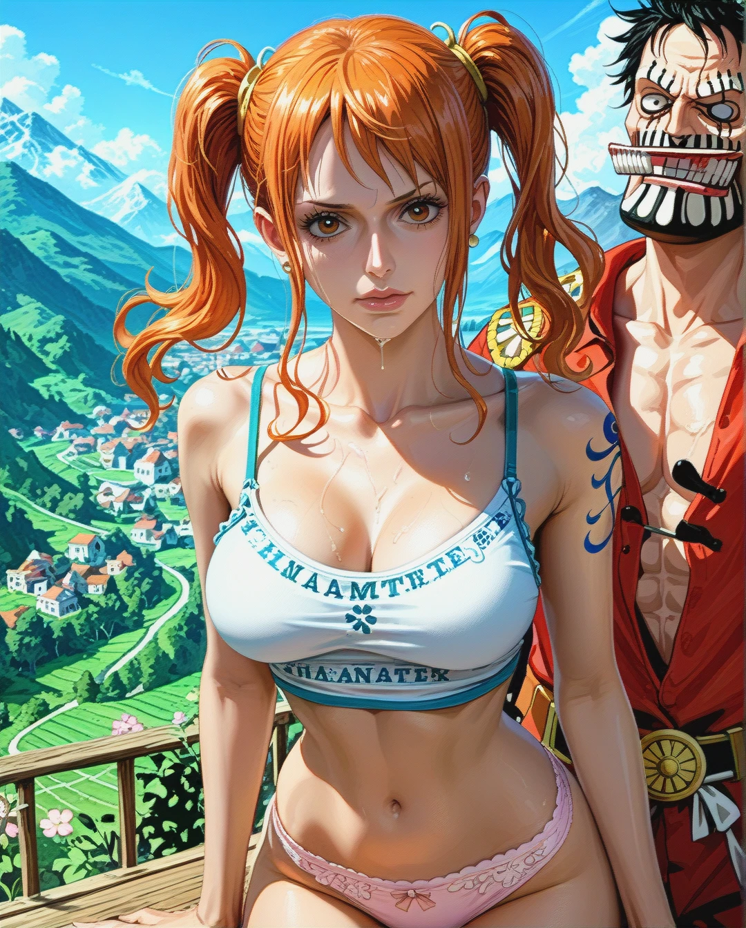 @nami, mature, attack on Titan, sex grabbing grabbed breast with Luffy, mountain,Face chest focus,High Real Realistic Realistic,twintails, medium breast,crop top white camisole pink floral, panties