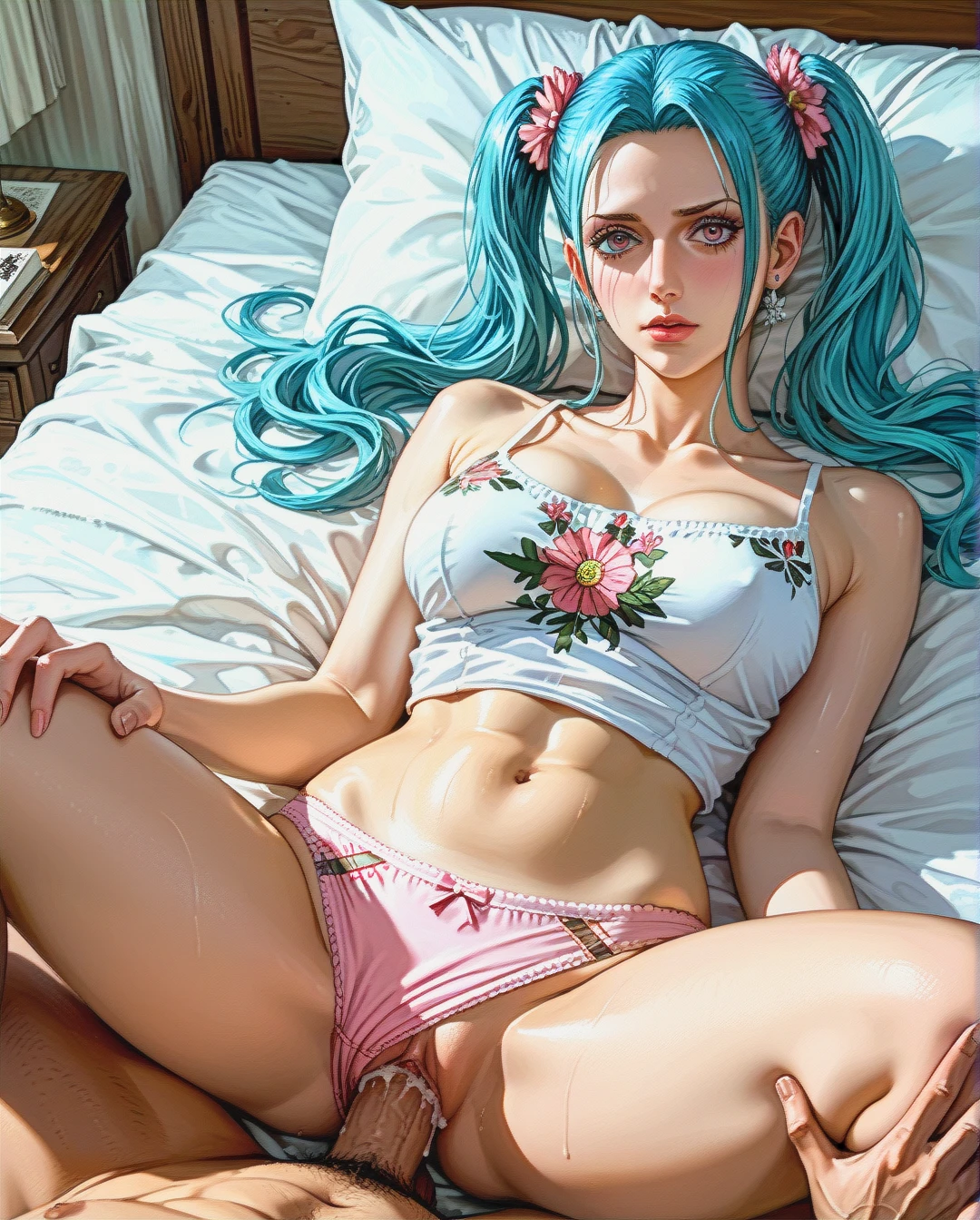 @nefertari_vivi, mature, attack on Titan,  sex missionary, on bed,High Real Realistic Realistic,twintails, medium breast,crop top white camisole pink floral, panties