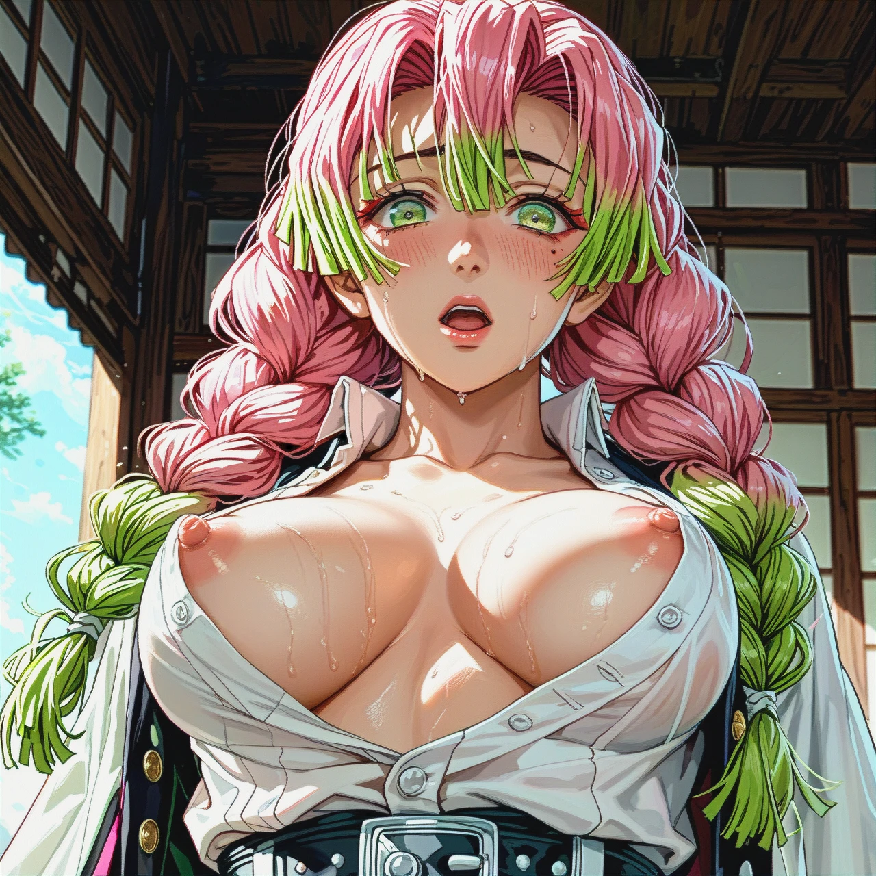 @kanroji_mitsuri 1girl blush braid breasts breasts_appart demon_slayer_uniform green_eyes green_hair hair_between_eyes large_breasts long_hair mole mole_under_eye multicoloured_hair nipples no_bra open_clothes open_mouth pink_hair solo sweat unbuttoned unbottoned_shirt