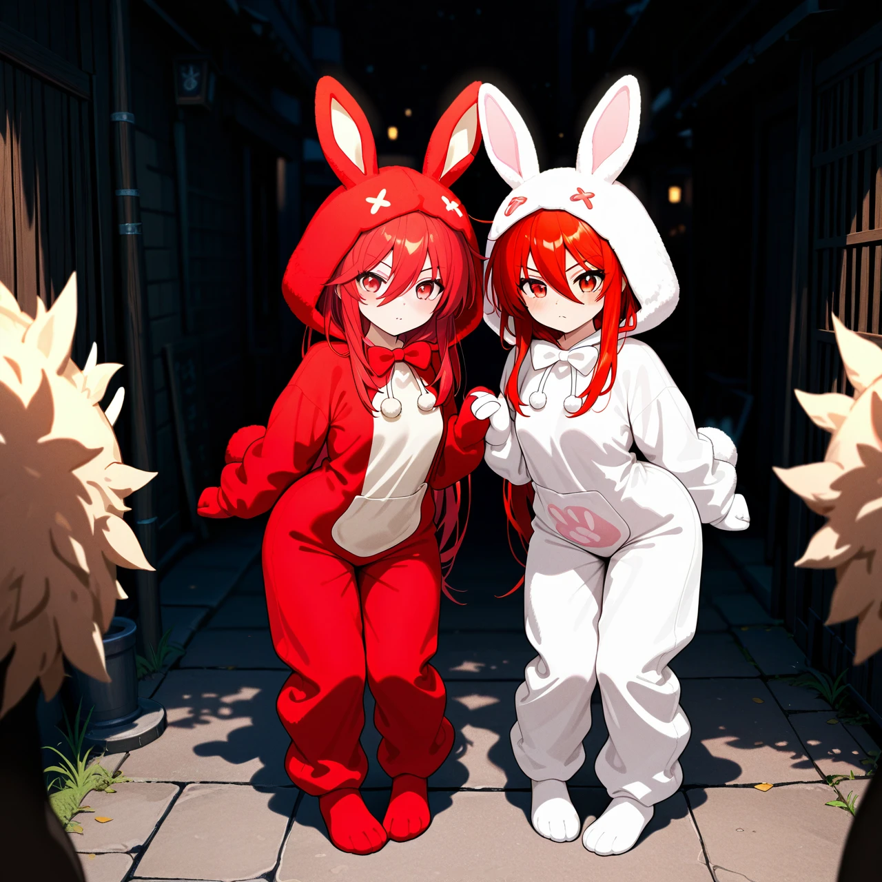 @shana, @hilichurl, (red_eyes), red hair, foot, rabbit costume, (prostitution) (double_anal) (triple_penetration)