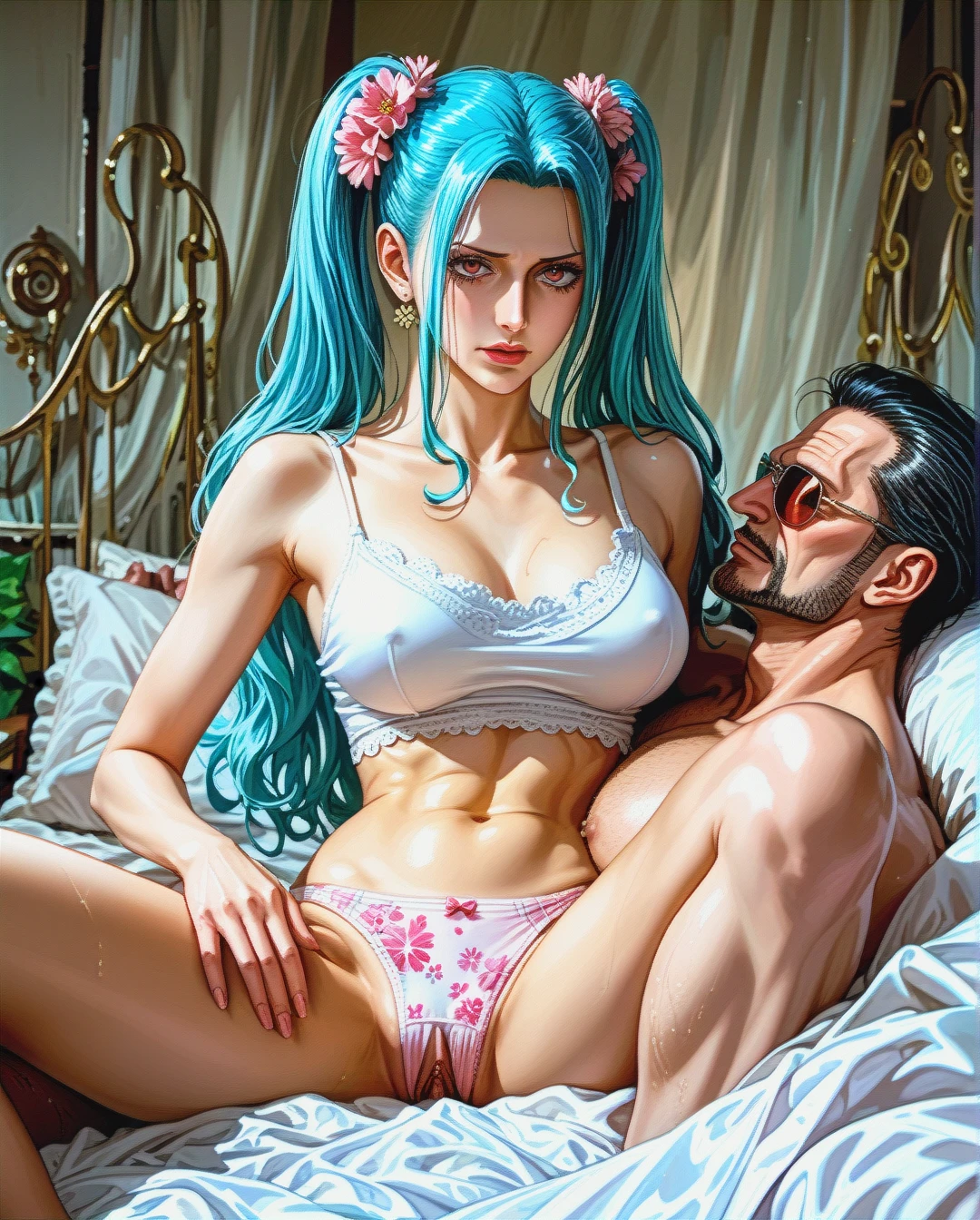 @nefertari_vivi, mature, attack on Titan,  sex sex with oldman, on bed,High Real Realistic Realistic,twintails, medium breast,crop top white camisole pink floral, panties